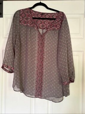 Sheer Printed Peasant Blouse in Dusty Rose